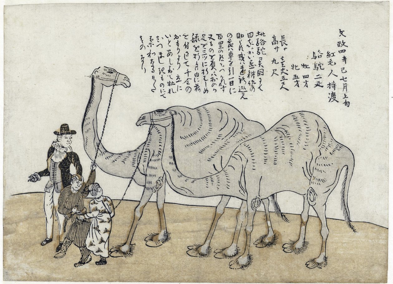 Wielbłąd z przewodnikami, pub. 1821 (kolorowy drzeworyt) autorstwa Japanese School