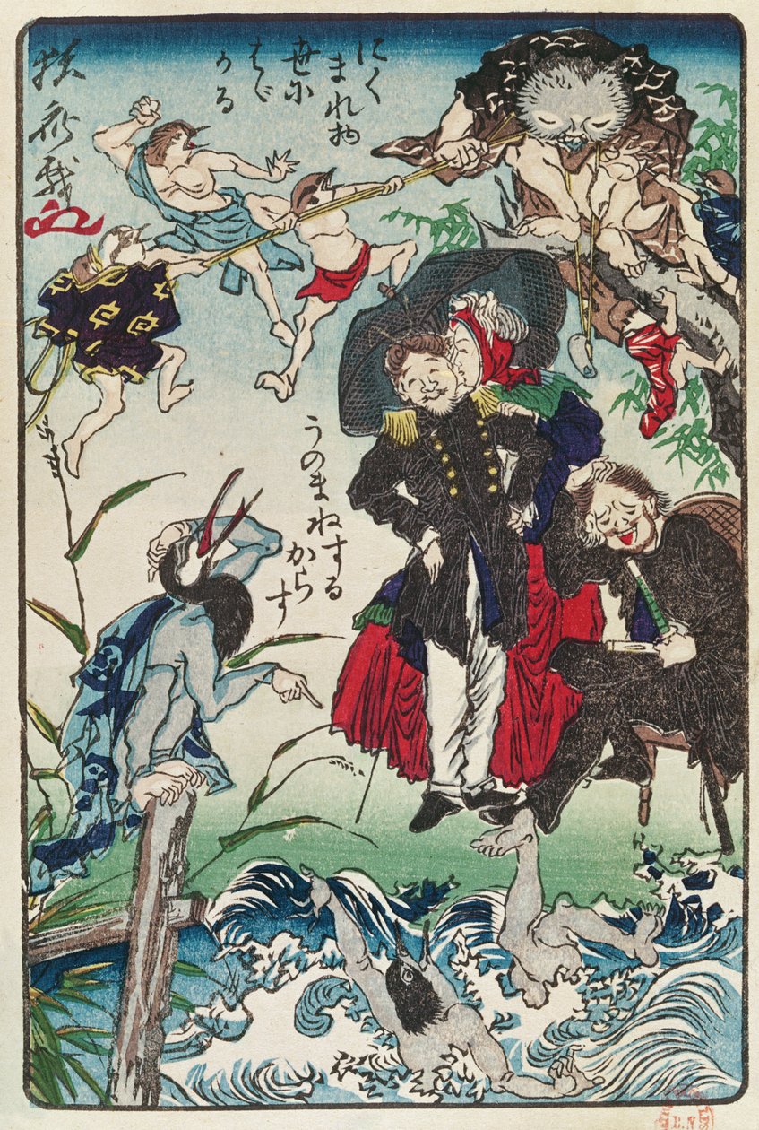 Karykatura Japończyków w strojach zachodnich, ok. 1870 (kolorowy drzeworyt) autorstwa Japanese School