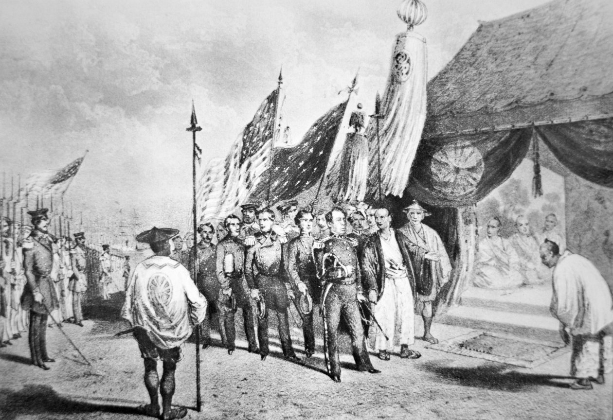 Komandor Perry w Japonii w 1853 roku podczas spotkania z cesarskimi komisarzami w Jokohamie autorstwa Japanese School