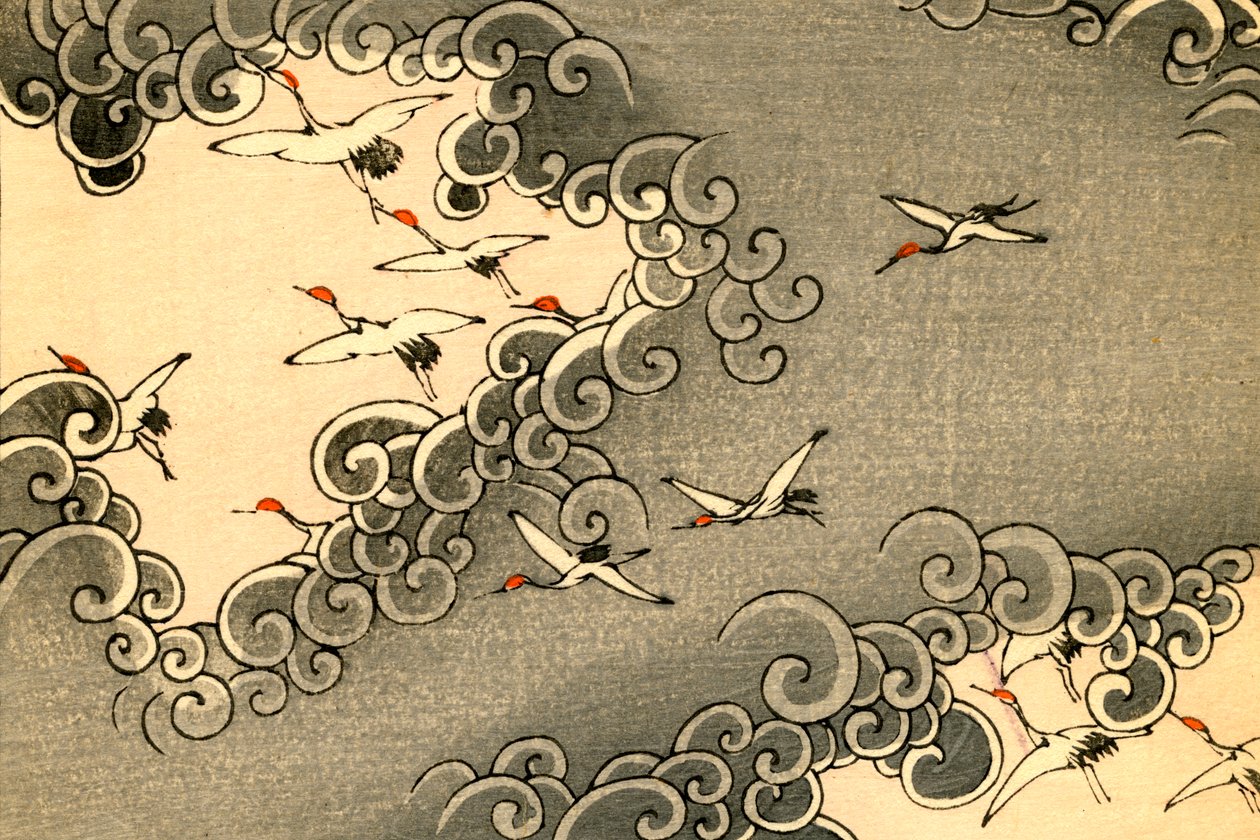 Żurawie latające w szarych chmurach autorstwa Japanese School