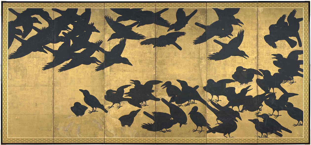 Wrony, początek XVII w. (Para ekranów o sześciu panelach; atrament i złoto włączone) papier) autorstwa Japanese School
