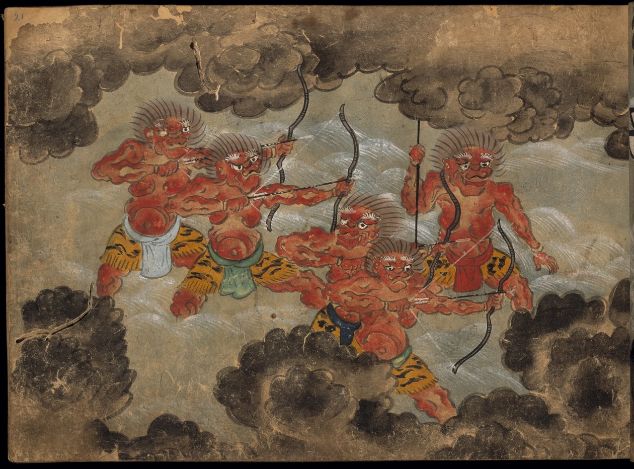Demony strzelające z łuków, ilustracja z „Taishokkan” (tusz i kolor na papierze) autorstwa Japanese School