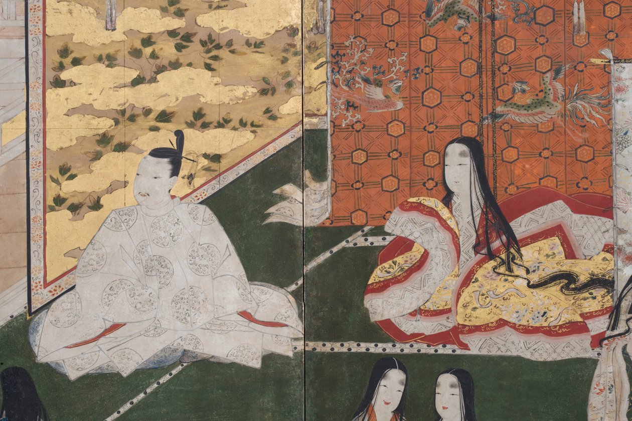 Fragment Wiosny w pałacu, sześciokrotny ekran z Opowieści Genji, ok. 1650 (tusz, farby i złoto na papierze) autorstwa Japanese School