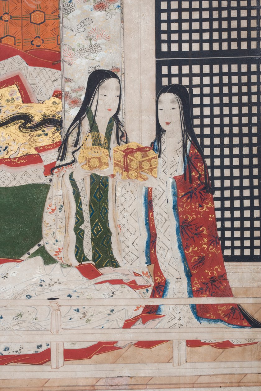 Fragment Wiosny w pałacu, sześciokrotny ekran z Opowieści Genji, ok. 1650 (tusz, farby i złoto na papierze) autorstwa Japanese School