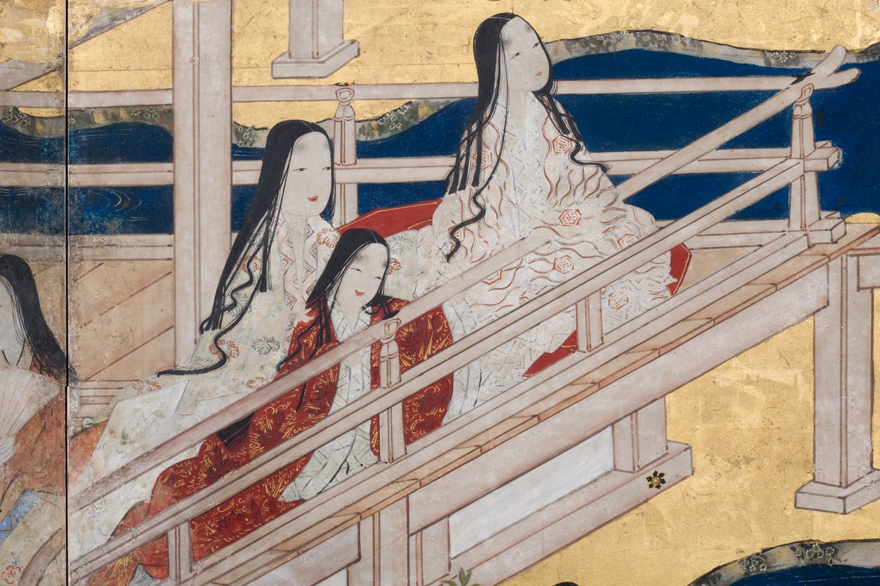 Fragment Wiosny w pałacu, sześciokrotny ekran z Opowieści Genji, ok. 1650 (tusz, farby i złoto na papierze) autorstwa Japanese School
