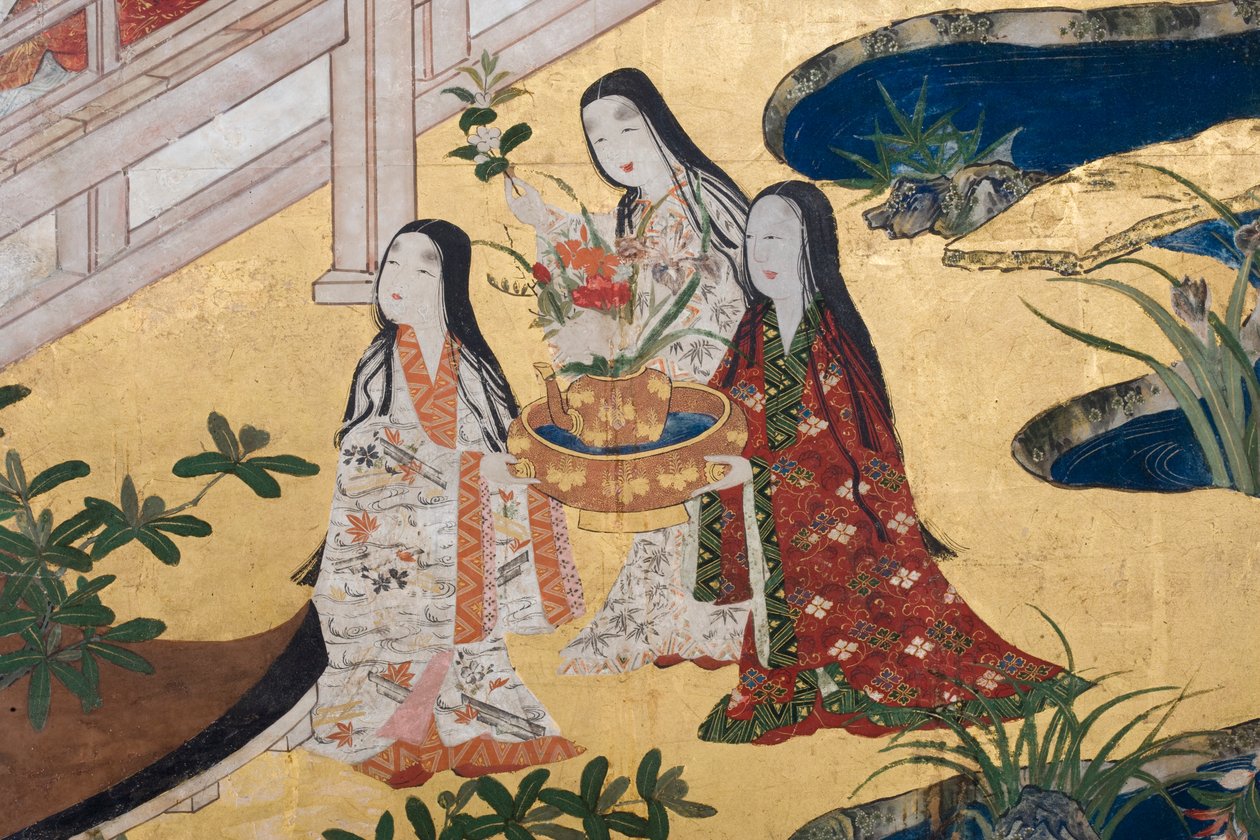 Fragment Wiosny w pałacu, sześciokrotny ekran z Opowieści Genji, ok. 1650 (tusz, farby i złoto na papierze) autorstwa Japanese School