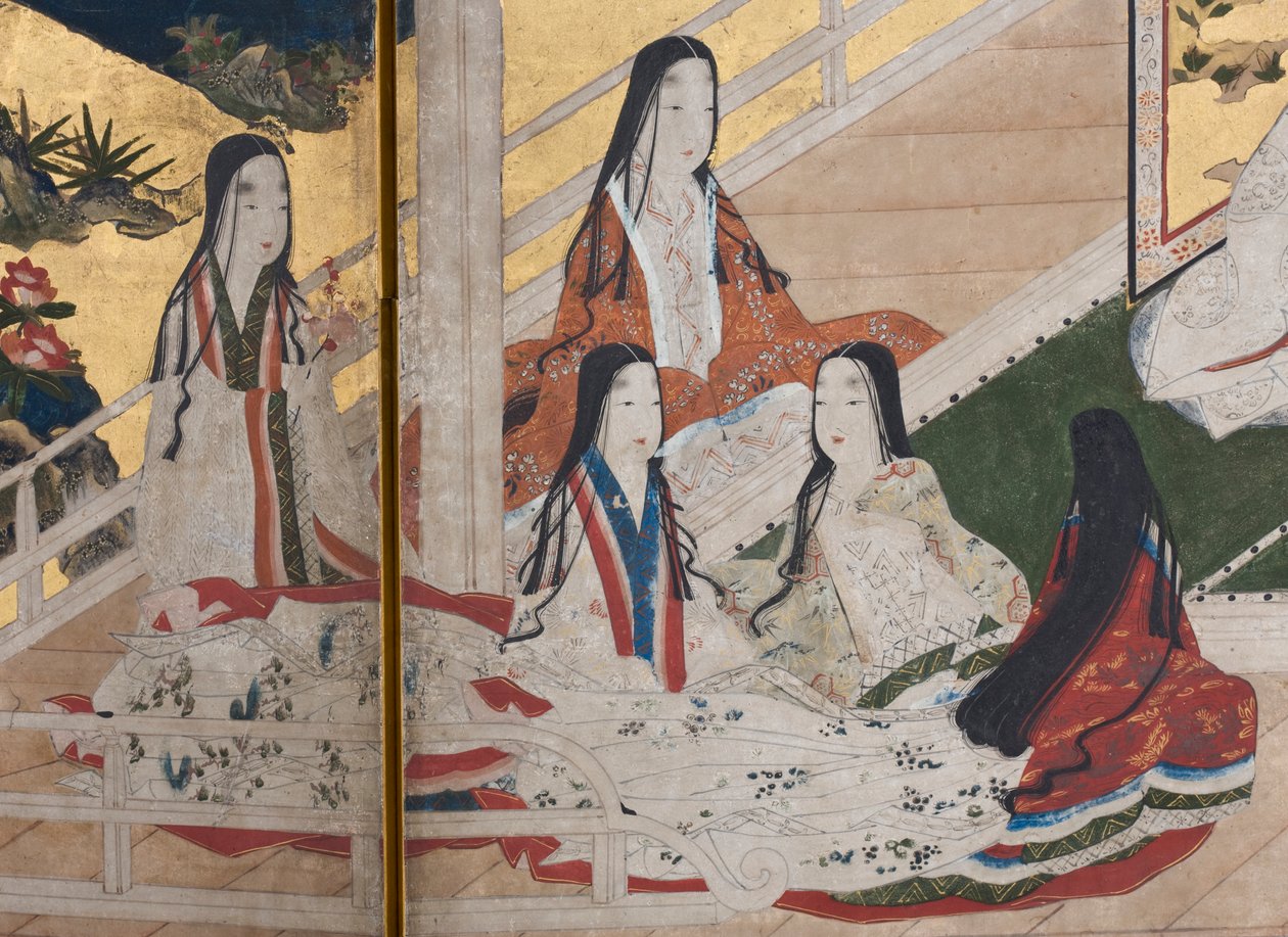 Fragment Wiosny w pałacu, sześciokrotny ekran z Opowieści Genji, ok. 1650 (tusz, farby i złoto na papierze) autorstwa Japanese School