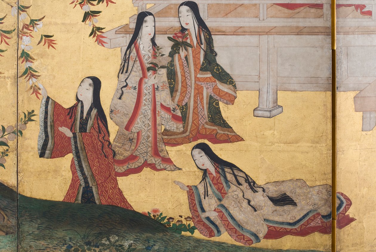 Fragment Wiosny w pałacu, sześciokrotny ekran z Opowieści Genji, ok. 1650 (tusz, farby i złoto na papierze) autorstwa Japanese School