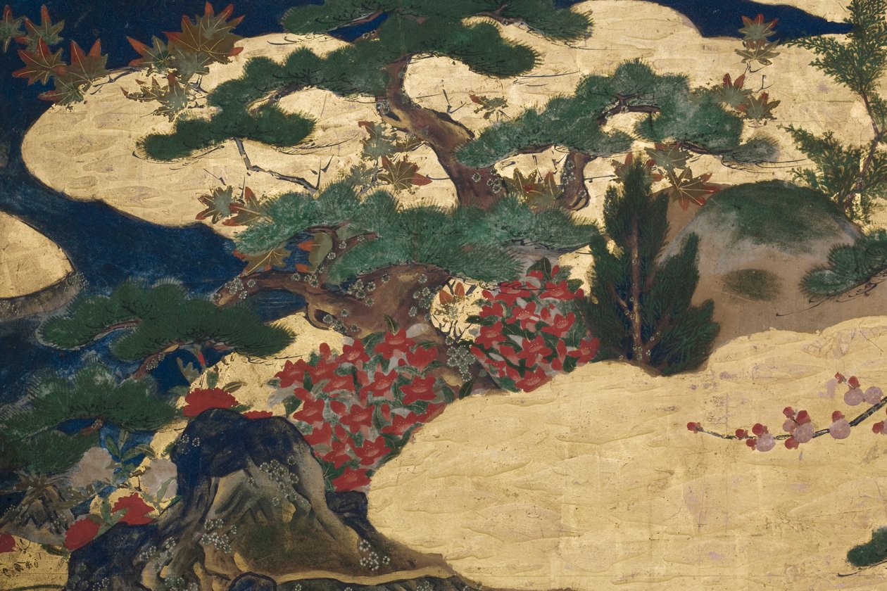 Fragment Wiosny w pałacu, sześciokrotny ekran z Opowieści Genji, ok. 1650 (tusz, farby i złoto na papierze) autorstwa Japanese School