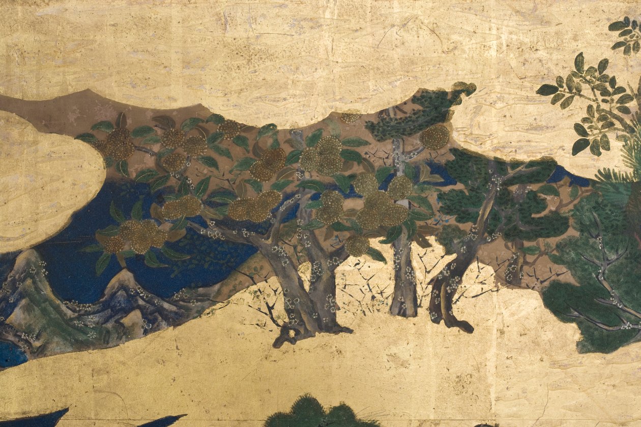 Fragment Wiosny w pałacu, sześciokrotny ekran z Opowieści Genji, ok. 1650 (tusz, farby i złoto na papierze) autorstwa Japanese School