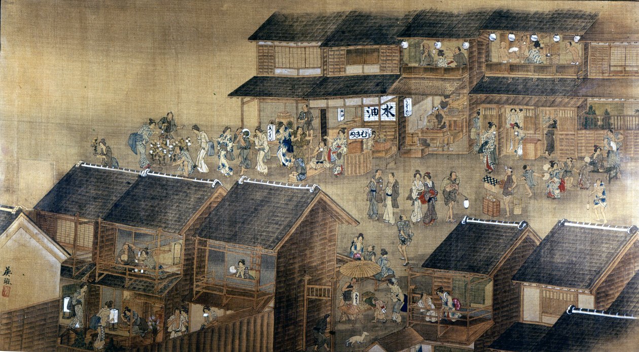 Edo by Night (tusz i kolor na papierze) autorstwa Japanese School