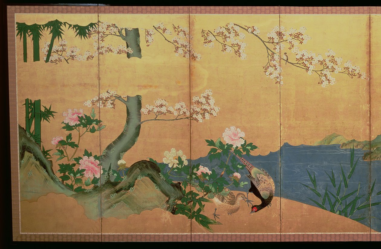 Czapla w strumieniu z wyspą irysów, okres Edo autorstwa Japanese School