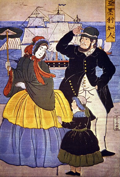 Europejska rodzina w porcie Jokohama namalowana przez japońskiego artystę w 1861 roku autorstwa Japanese School