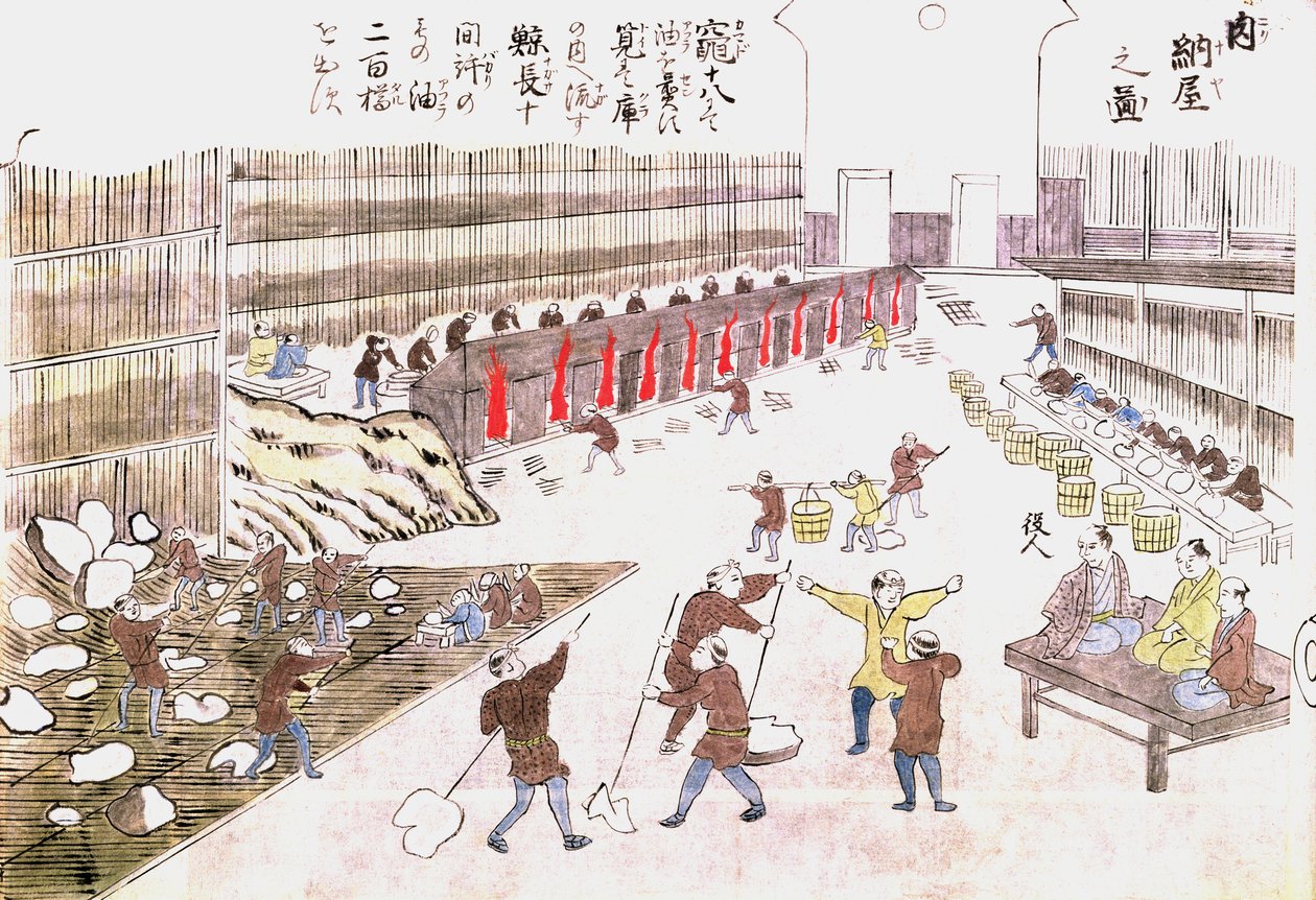 Fabryka przygotowania produktów z wielorybów, koniec XIX wieku (kolorowe grawerowanie) autorstwa Japanese School
