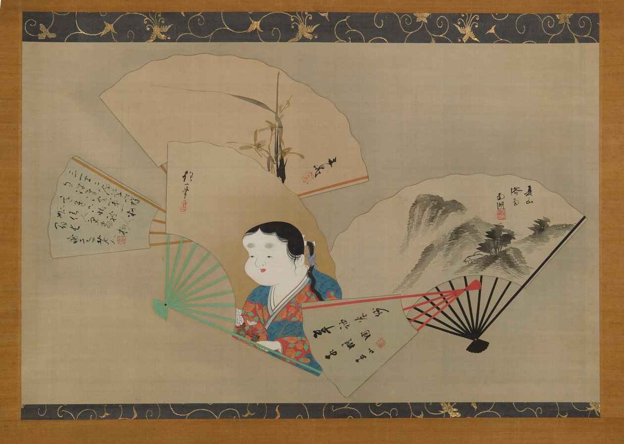 Pięć wachlarzy, autorstwa Sakai Hoitsu (1761-1828), Tani Buncho (1763-1840), Haruki Nanko (1759-1839), Kameda Bosai (1752-1826) i Kikuchi Gozan (1772-1855), ok. 1820 (zwój wiszący, tusz, gofun i złoto na jedwabiu) autorstwa Japanese School