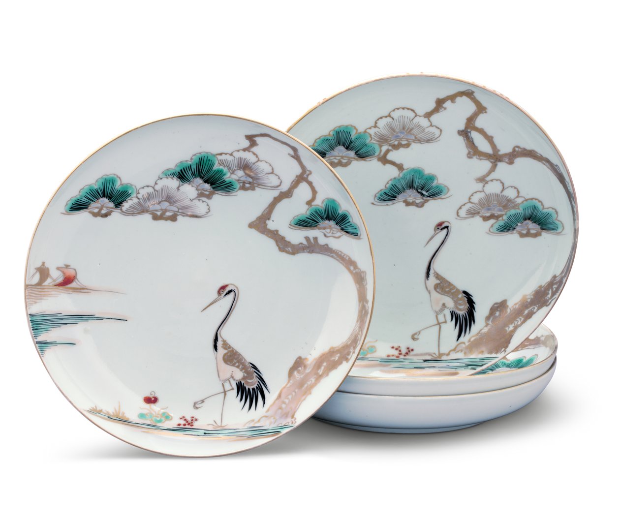 Cztery talerze z epoki Edo (porcelana z czerwoną, zieloną, niebieską i czarną emalią pokrytą emalią i złoconą) autorstwa Japanese School