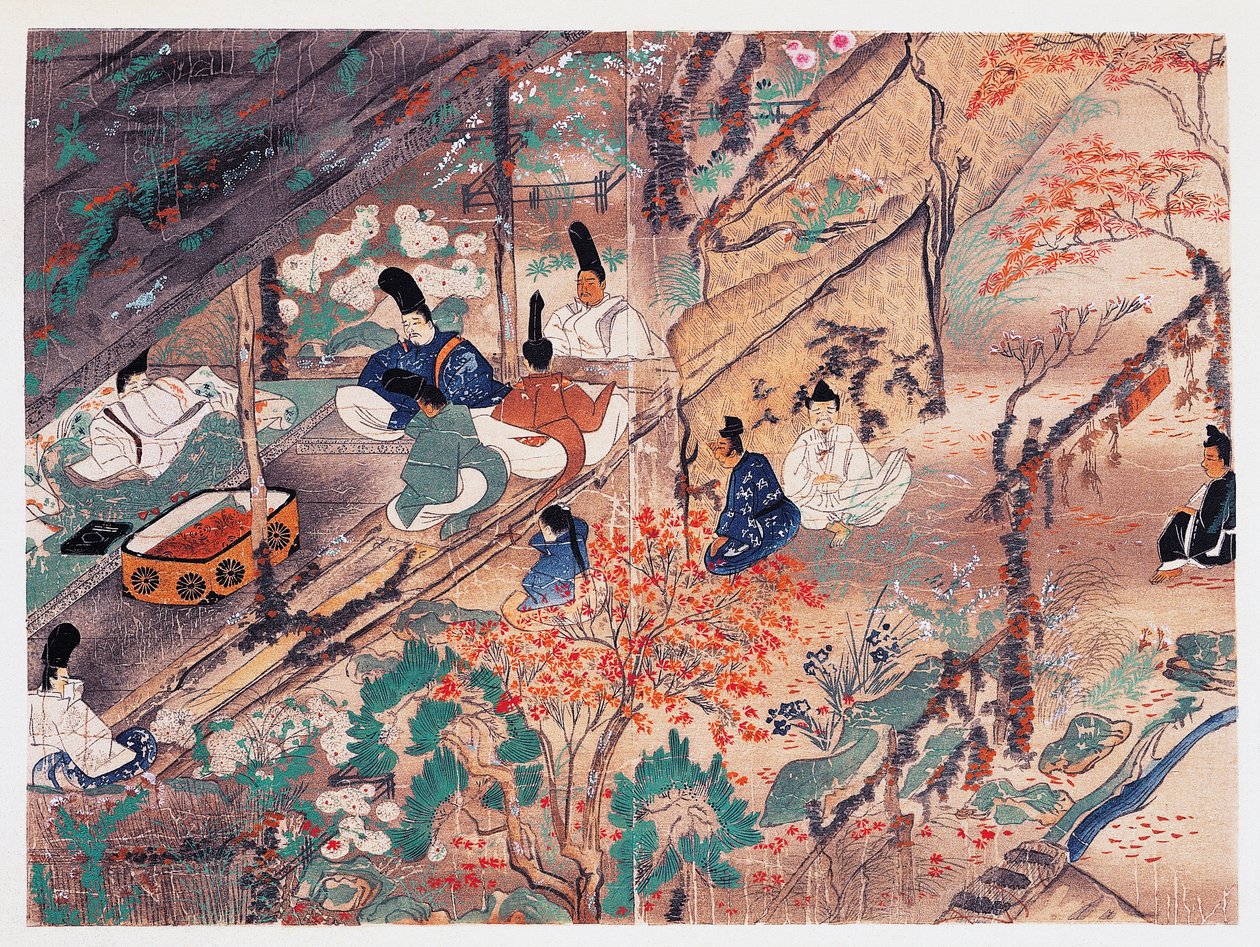 Heian mąż stanu i poeta Sugawara Michizane (845-903), znany jako Tenjin-San (niebiański duch), na wygnaniu w Kitano Tenman-Gu świątynia w Kioto dzieląca ubrania podarowane przez byłego cesarza Fujiwarę Nobuzane (1176-1268), Kamakura okres (1185-1333), Japo autorstwa Japanese School