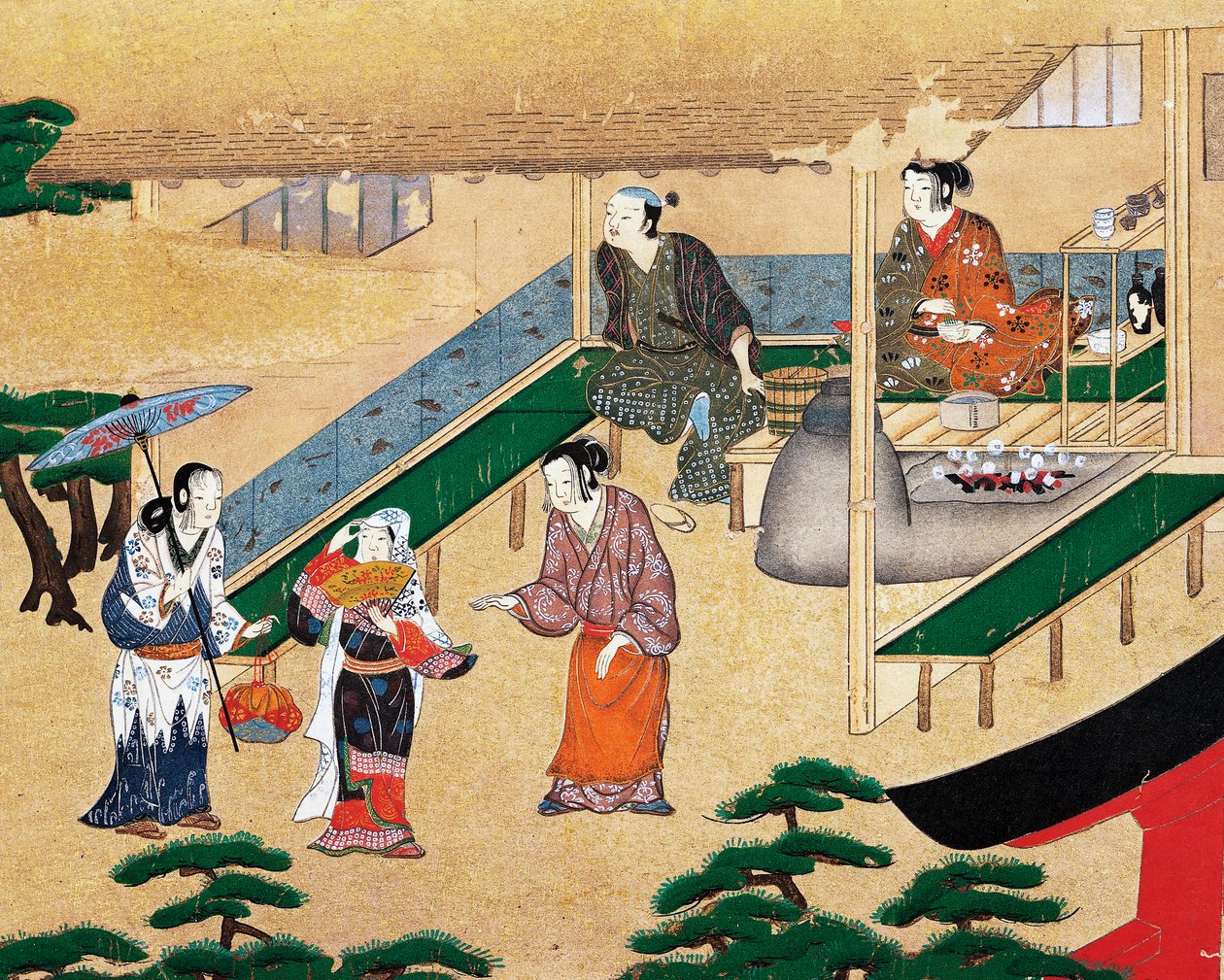 Wewnątrz domu na obrzeżach Kioto, ukiyo-e, malowanie na jedwabiu, szkoła Tosa, cywilizacja japońska autorstwa Japanese School