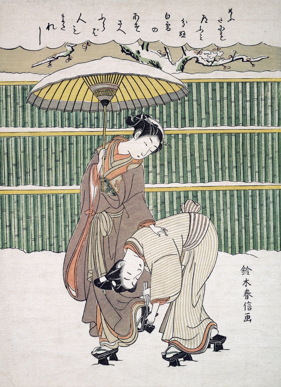 Miłośnicy japońskiego spaceru w śniegu, pub. C. 1768 autorstwa Japanese School