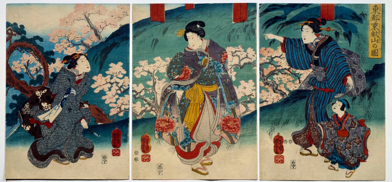 Sztuka japońska: kobiety na wiosnę. XIX-wieczna kolekcja prywatna druku autorstwa Japanese School