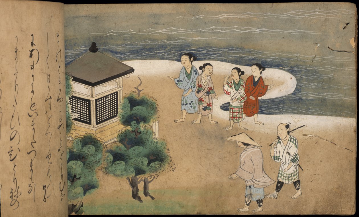 Japońscy mężczyźni przy pagodzie, ilustracja z „Taishokkan” (tusz i kolor na papierze) autorstwa Japanese School