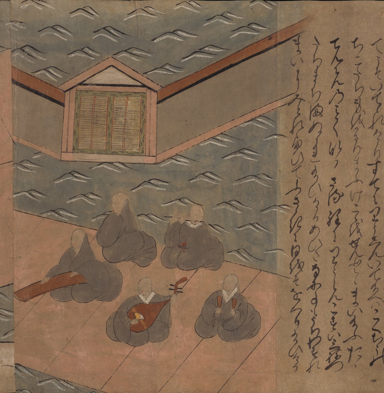 Japońscy muzycy, ilustracja z „Taishokkan” (tusz i kolor na papierze) autorstwa Japanese School
