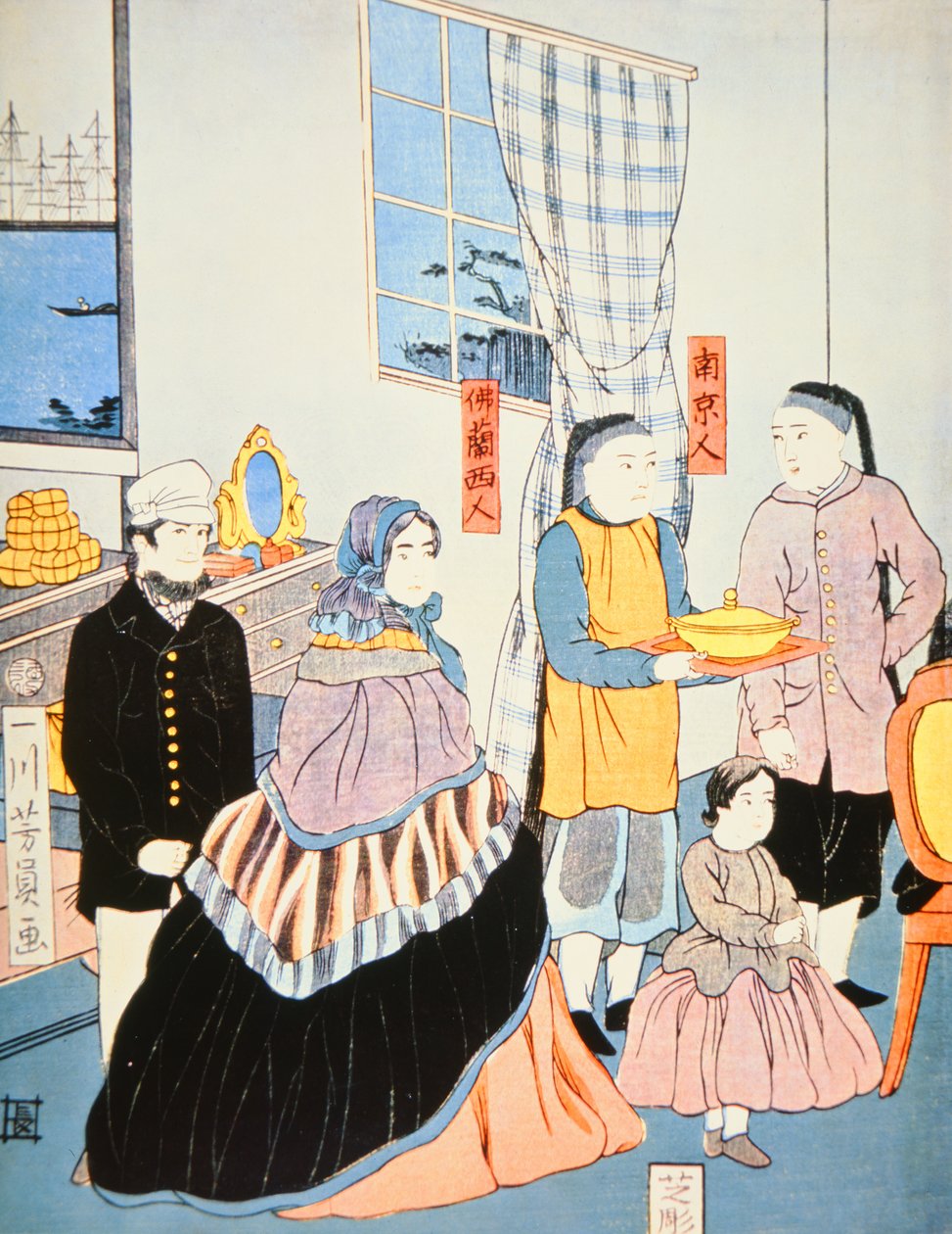 Rycina japońska z ok. 1870 r. przedstawiająca europejskich przybyszów do Japonii (kolorowy drzeworyt) autorstwa Japanese School