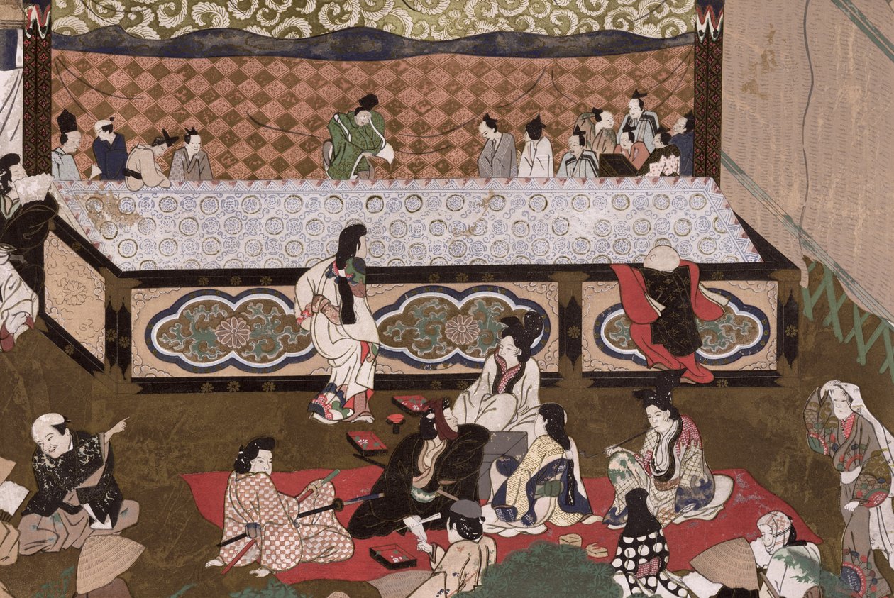 Teatr Kabuki na jarmarku w Kioto, ilustracja według XVII obrazu z „Kokki”, listopad 1924 (litografia kolorowa) autorstwa Japanese School
