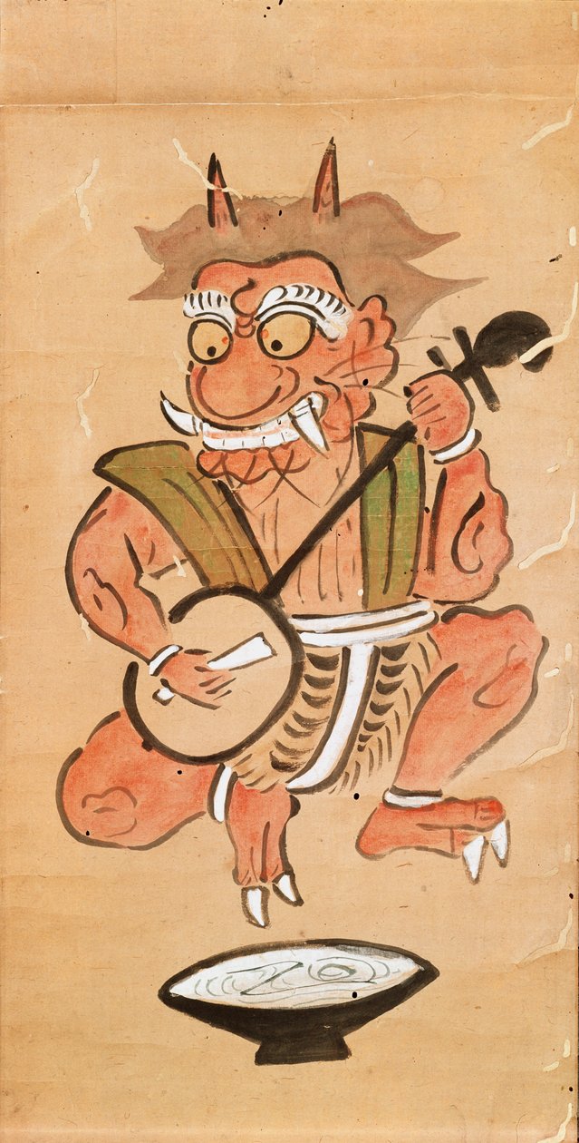 Kakemono przedstawiający diabła grającego na shamisen (atrament i kolor na zwoju papieru) autorstwa Japanese School