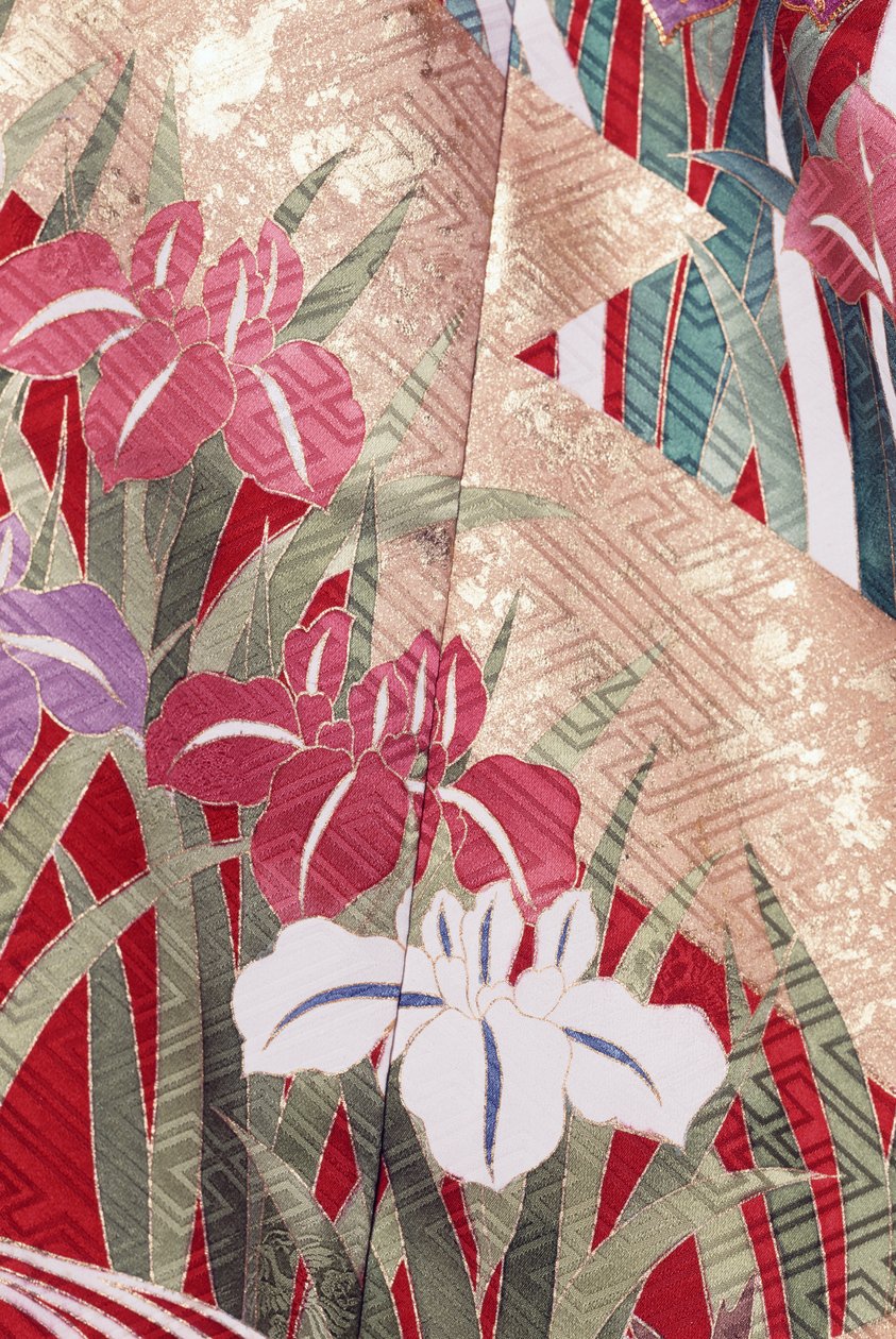 Kimono Furisode (falujące rękawy) noszone przez młode niezamężne kobiety na eleganckie okazje i Maiko (uczennicę gejszy), gładki jedwab, motywy Hinpaku, irys, detal, farbowanie Kaga-Yuzen, tkalnie Tokamachi, cywilizacja japońska, XX wiek autorstwa Japanese School