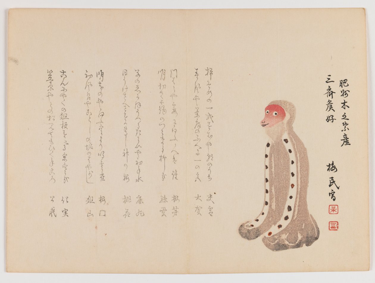 Klęcząca małpa z czerwoną twarzą, ok. 1860 (drewnodruk, poziomy format Chûban yoko-e) autorstwa Japanese School