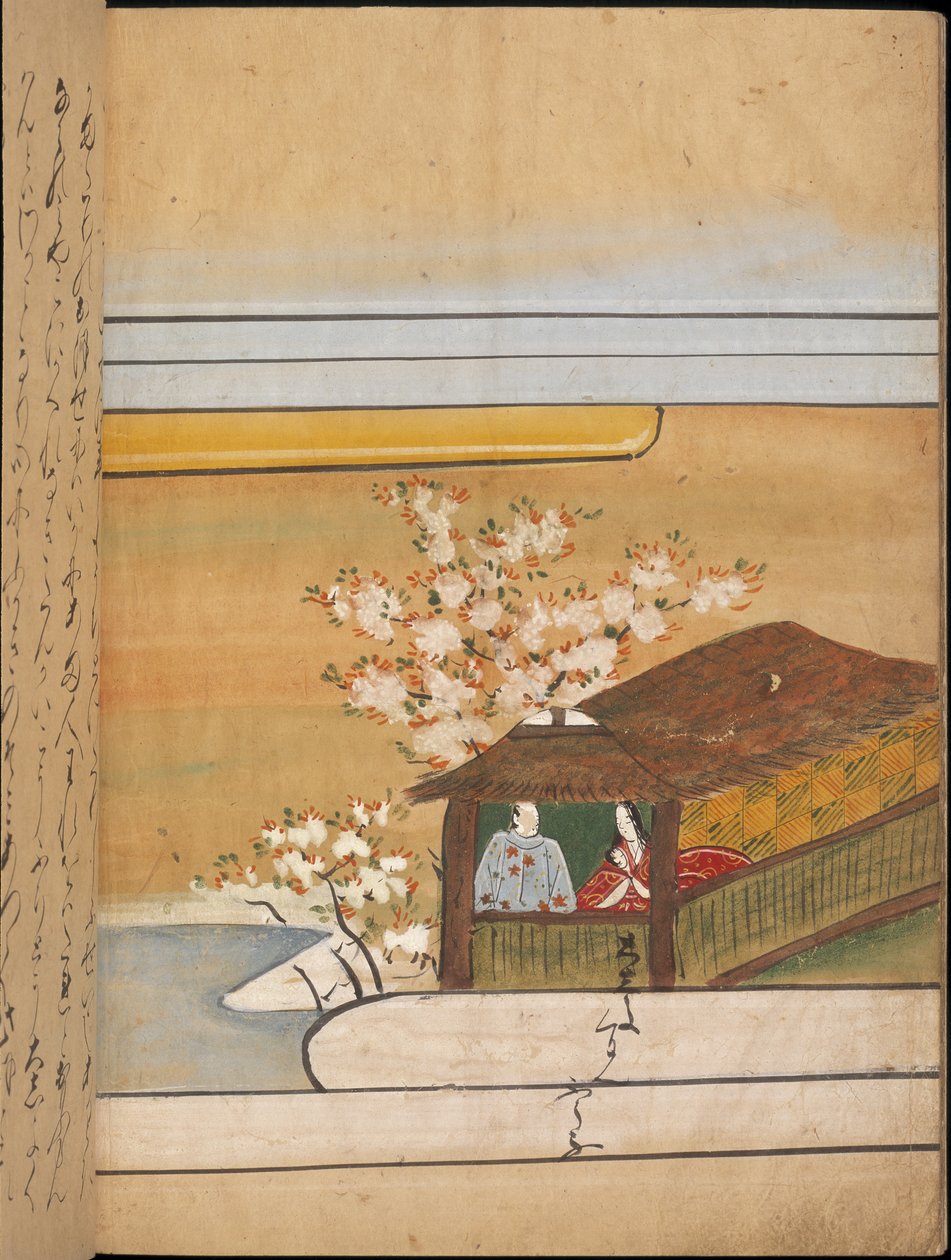 Mężczyzna i kobieta w pawilonie, ilustracja z „Taishokkan” (tusz i kolor na papierze) autorstwa Japanese School