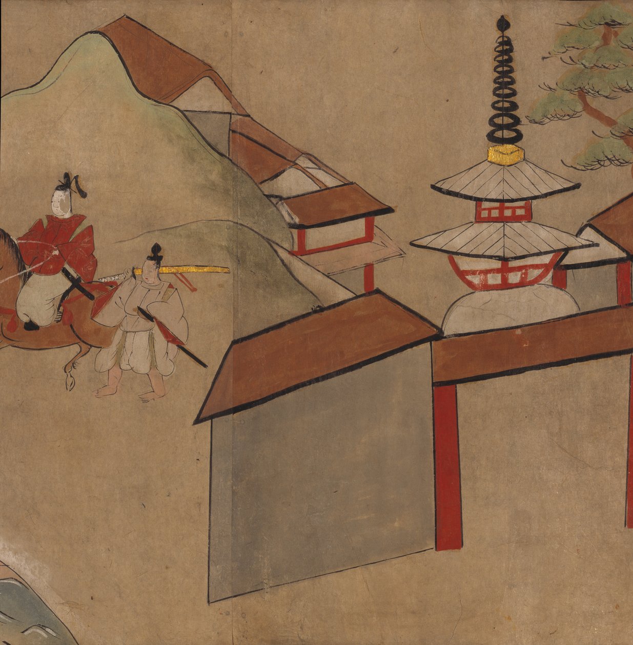 Mężczyzna jadący w pobliżu pagody, ilustracja z „Taishokkan” (tusz i kolor na papierze) autorstwa Japanese School