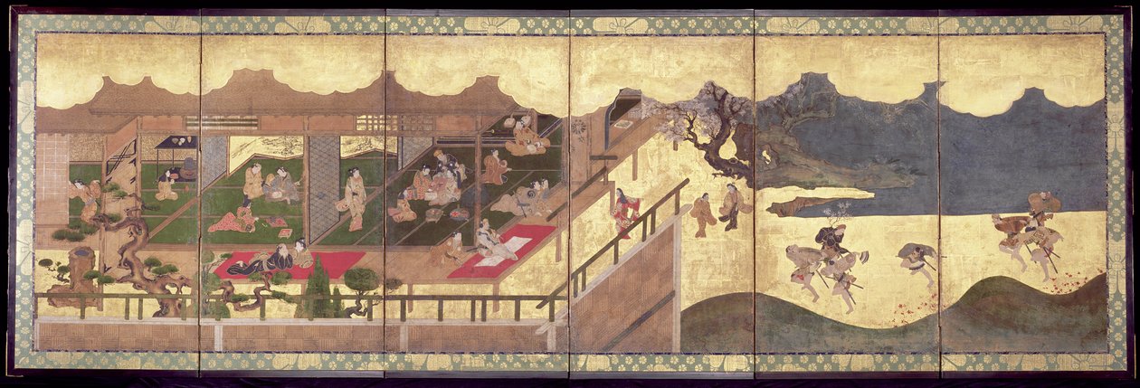 Merrymaking (tusz, kolor i płatki złota na papierze) autorstwa Japanese School