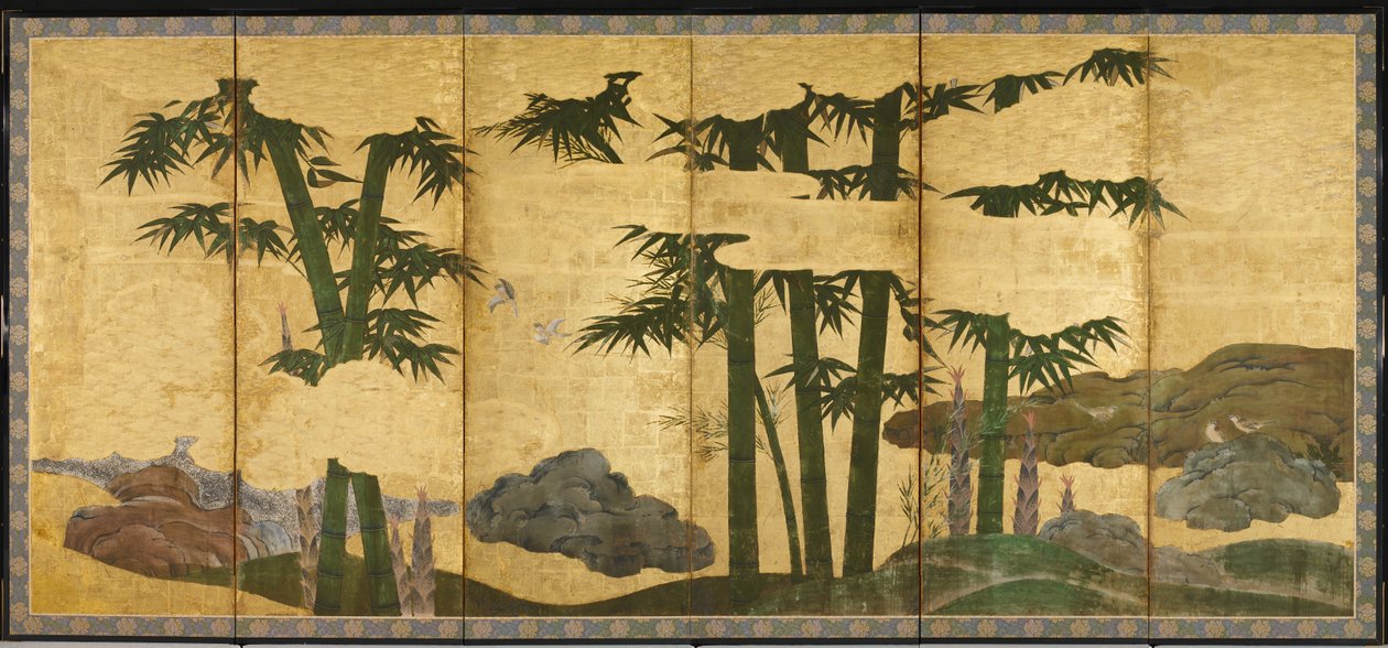 Moonlit Bamboo Grove, początek XVI wieku (para sześciopanelowych ekranów; atrament, kolor i złoto) na papierze) autorstwa Japanese School