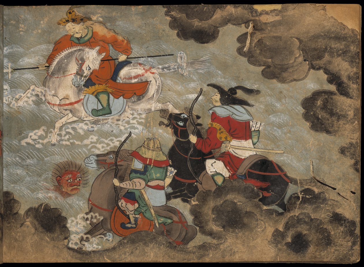Konni żołnierze walczący z demonami, ilustracja z „Taishokkan” (tusz i kolor na papierze) autorstwa Japanese School