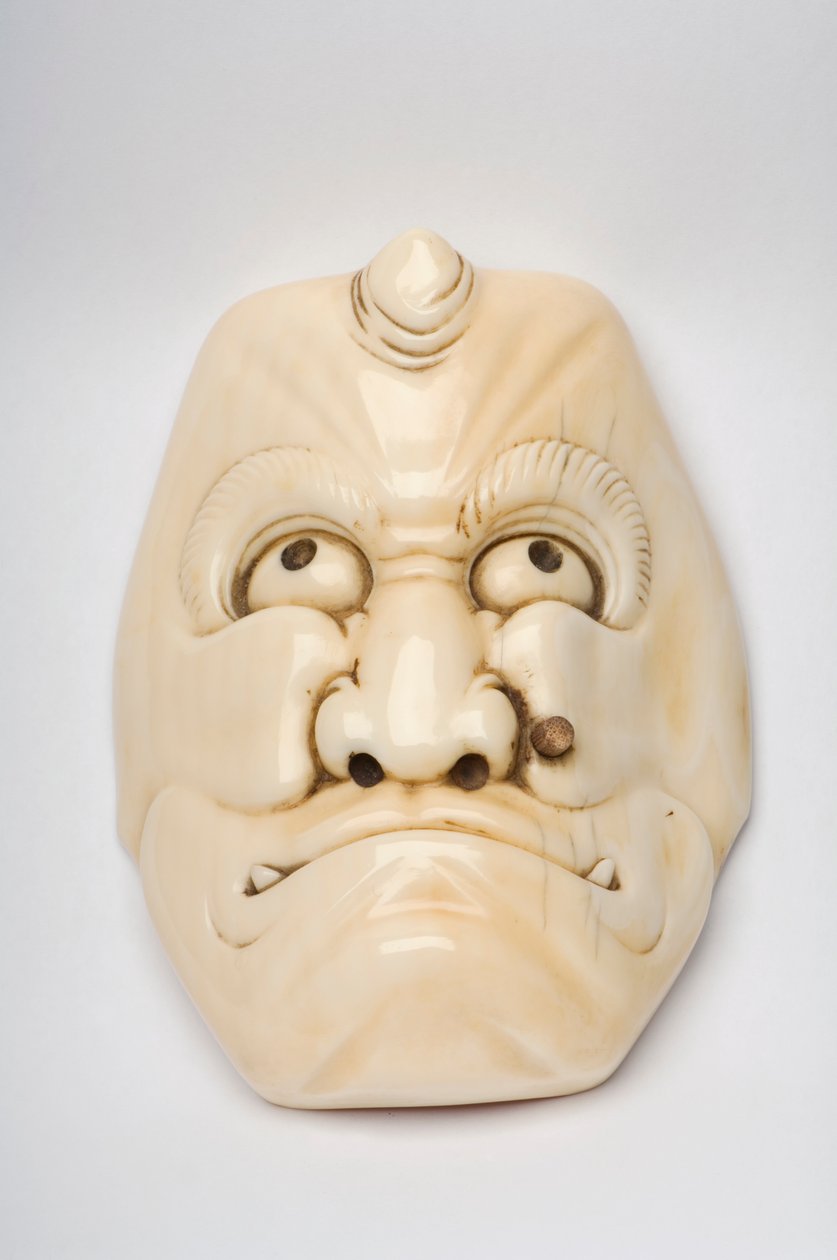 Maska Okimono wyrzeźbiona jako postać z Kabuki lub innego teatru autorstwa Japanese School