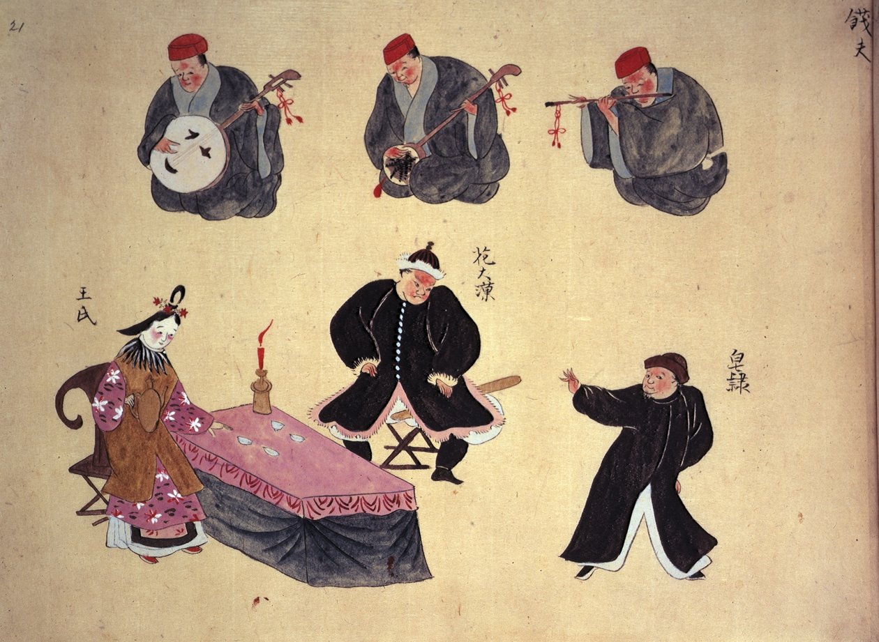 Or.961 fol.21 Muzycy i wykonawcy, z „Występy muzyczne Ryukyu”, x.1800-50 (welum) autorstwa Japanese School