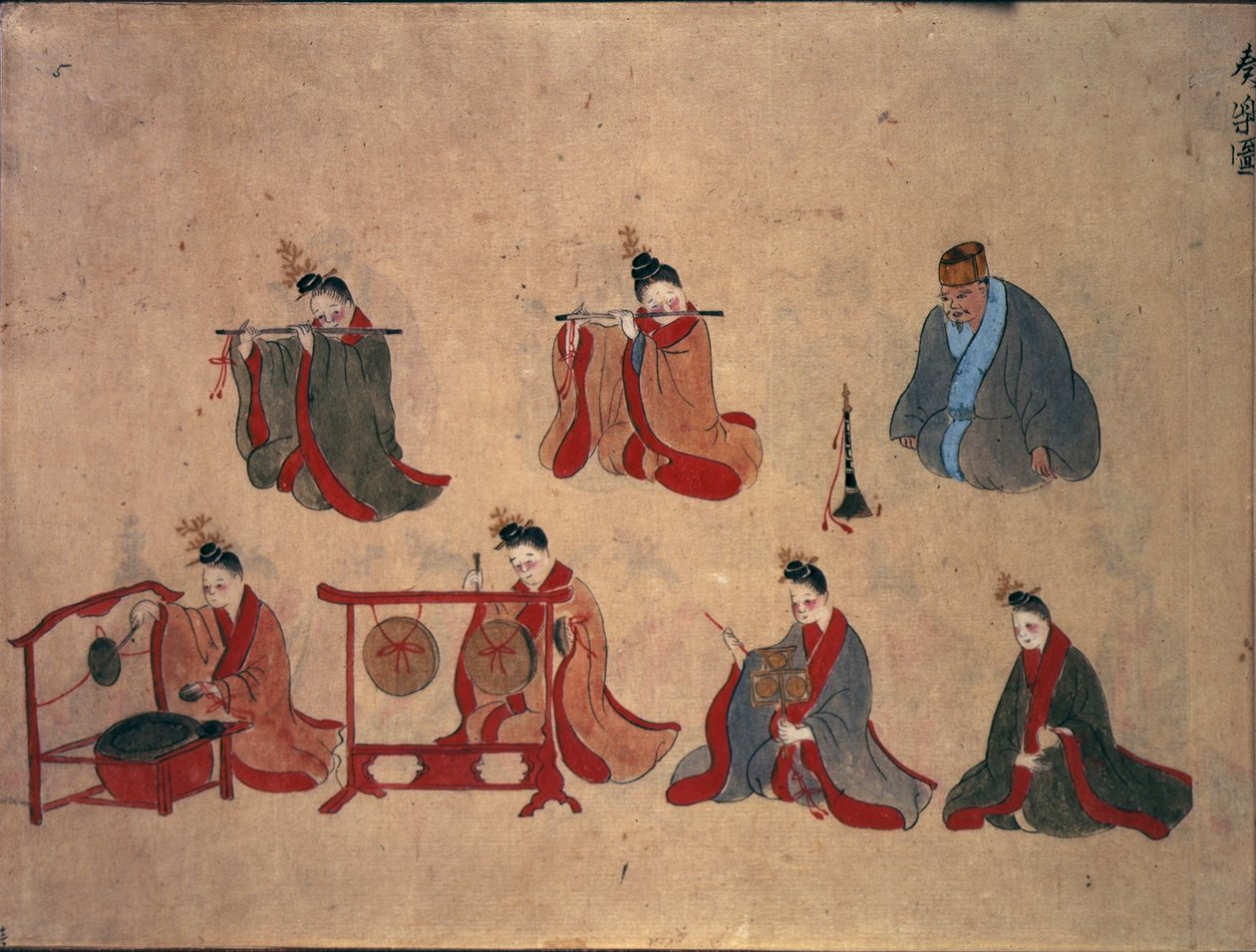 Or.961 fol.5 Siedmiu siedzących muzyków, z muzycznych występów Ryukyu, ok. 1800-50 (pióro i atrament oraz akwarela na papierze) autorstwa Japanese School