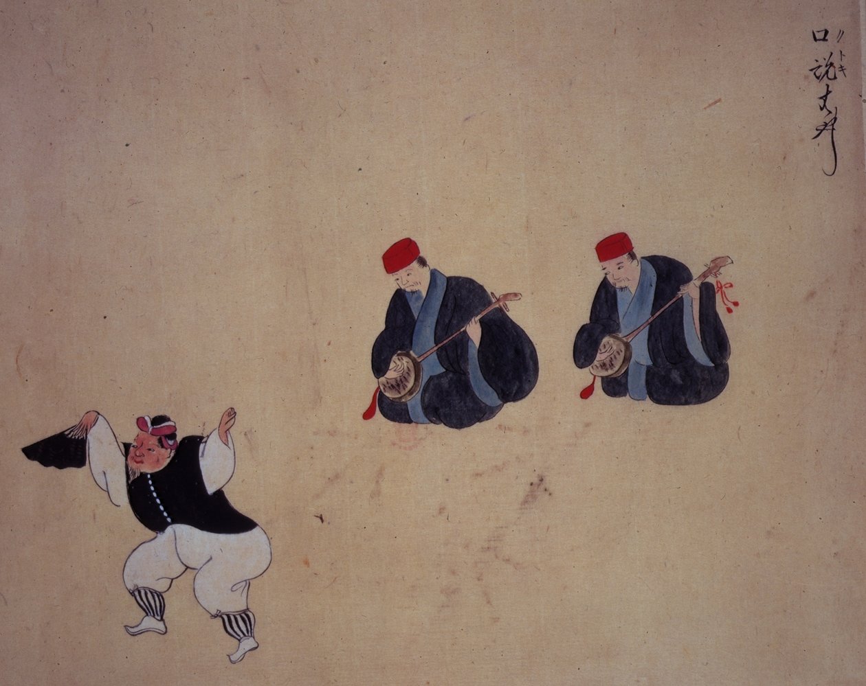 Or.961 fol.9 Tancerz i muzycy z „Występy muzyczne Ryukyu (welum) autorstwa Japanese School
