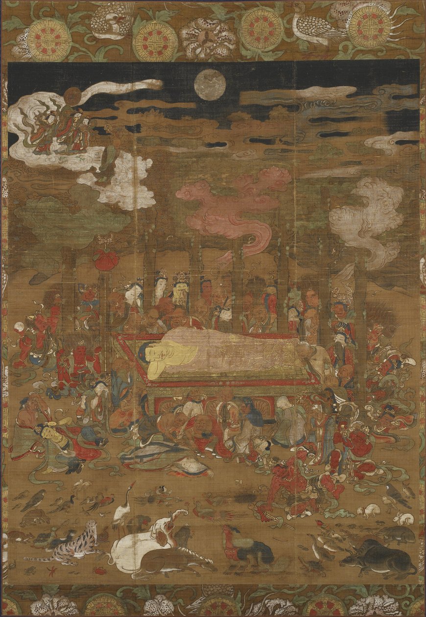 Parinirvana Siakjamuniego, historycznego Buddy (atrament, kolor i złoto na jedwabiu) autorstwa Japanese School