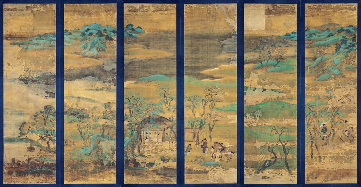 Paysage (krajobraz) Ekran w sześciu panelach - Praca anonimowa, gwasz na jedwabiu autorstwa Japanese School