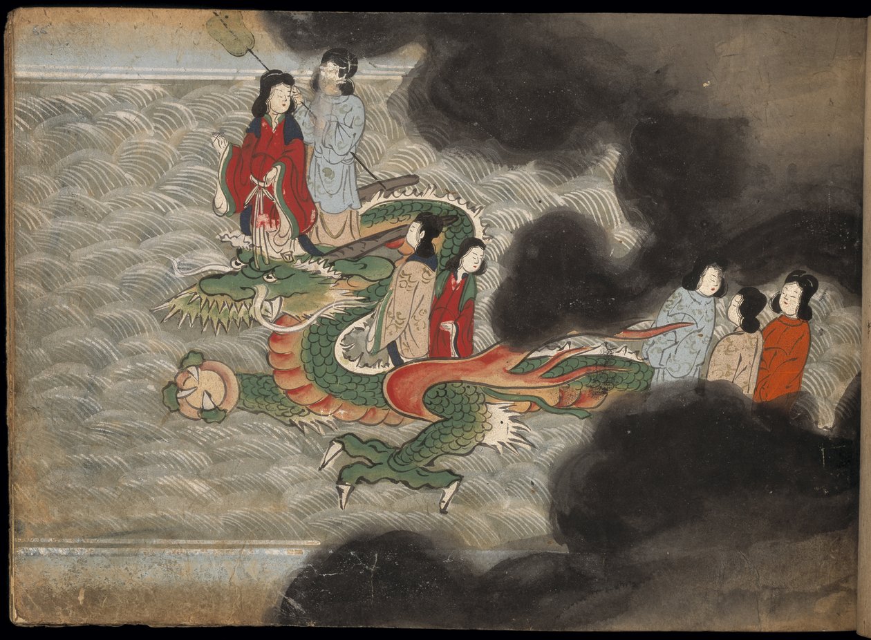 Ludzie jadący na smoku, ilustracja z „Taishokkan” (tusz i kolor na papierze) autorstwa Japanese School