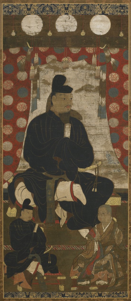 Portret Fujiwara no Kamatari (614-669) w towarzystwie dwóch synów, okres Muromachi (atrament, kolor i złoto na jedwabiu) autorstwa Japanese School