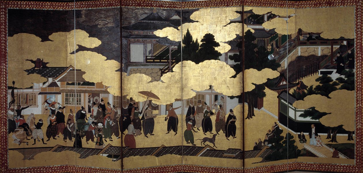 Ekran „portugalski”: przedstawienie przybycia portugalskich misjonarzy jezuickich do Japonii w XVI wieku. Zrealizowany przez Szkołę Kano (?). 1593-1600. Lizbońskie Muzeum Sztuki Starożytnej autorstwa Japanese School