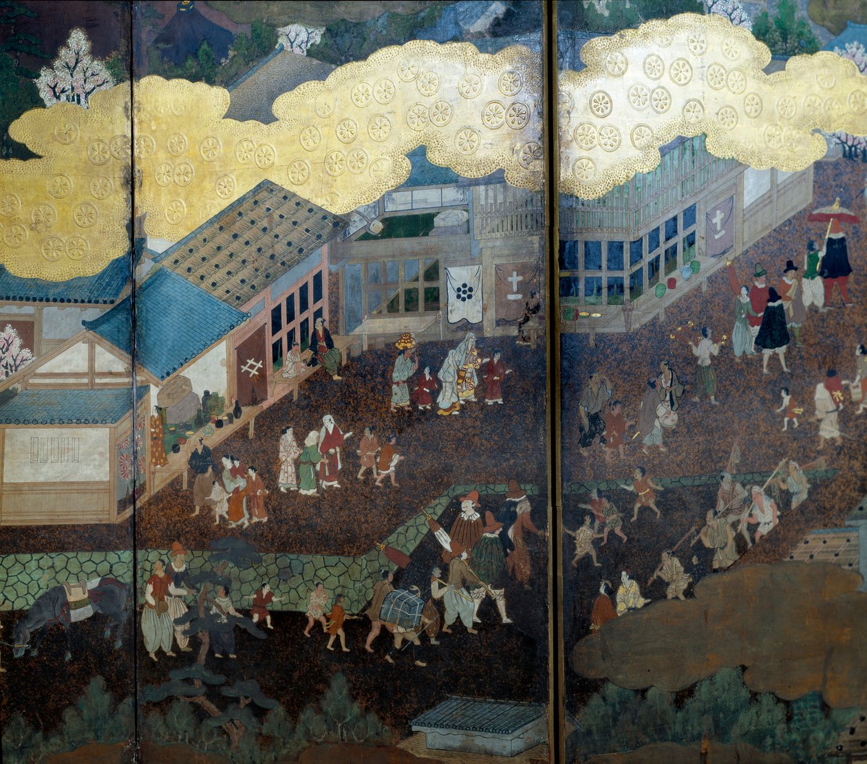 Ekran „portugalski”: przedstawienie przybycia portugalskich misjonarzy jezuickich do Japonii w XVI wieku. Szczegół. Zrealizowany przez Szkołę Kano (?). 1593-1600. Lizbońskie Muzeum Sztuki Starożytnej autorstwa Japanese School
