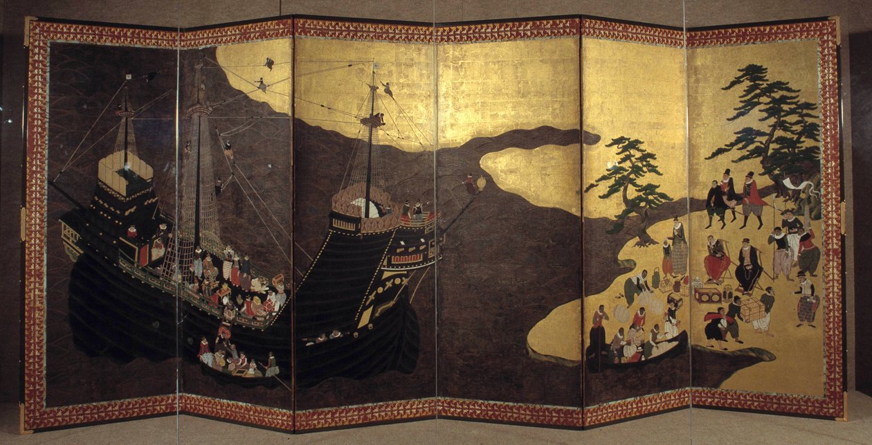 Ekran „portugalski” przedstawiający przybycie portugalskich misjonarzy jezuitów do Japonii w XVI wieku. 1590-1614. Szkoła Kano (?) Lizbona. Narodowe Muzeum Sztuki Starożytnej autorstwa Japanese School