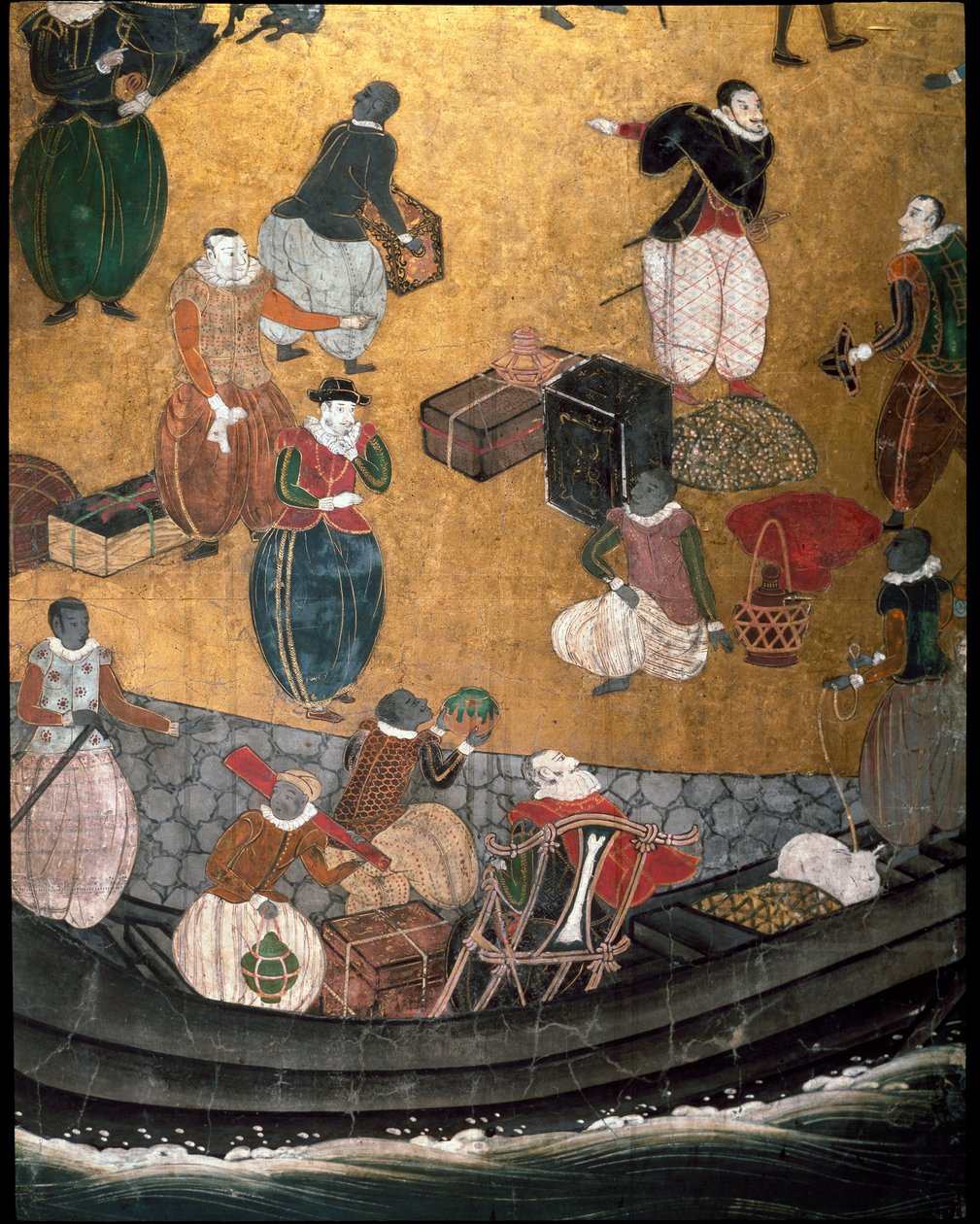 Ekran „portugalski” przedstawiający przybycie portugalskich misjonarzy jezuitów do Japonii w XVI wieku - 1590-1614 - Szczegół przedstawiający szczekanie żywności - Szkoła Namban autorstwa Japanese School