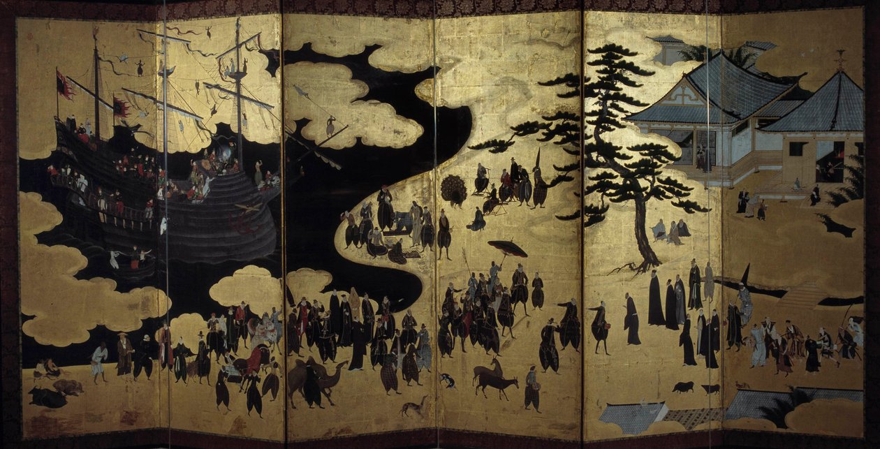 Ekran „portugalski” przedstawiający przybycie portugalskich misjonarzy jezuitów do Japonii w XVI wieku. 1590-1614. Szkoła Kano (?) Lizbona. Narodowe Muzeum Sztuki Starożytnej autorstwa Japanese School