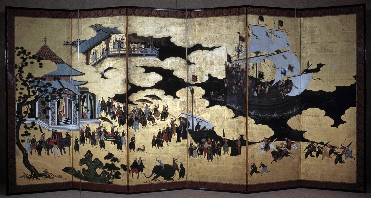 Ekran „portugalski” przedstawiający przybycie portugalskich misjonarzy jezuitów do Japonii w XVI wieku. 1590-1614. Szkoła Kano (?) Lizbona. Narodowe Muzeum Sztuki Starożytnej autorstwa Japanese School